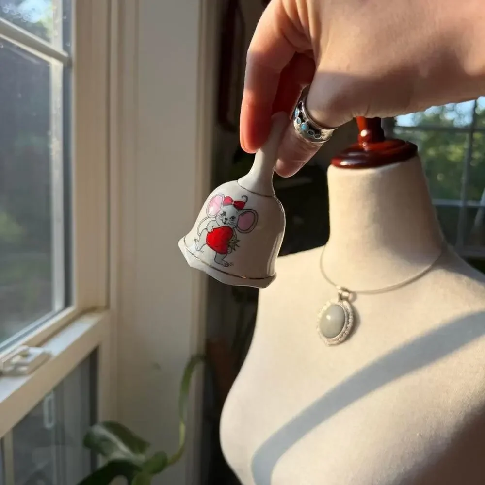 Vintage 80s Mouse with Strawberry White Ceramic Bell